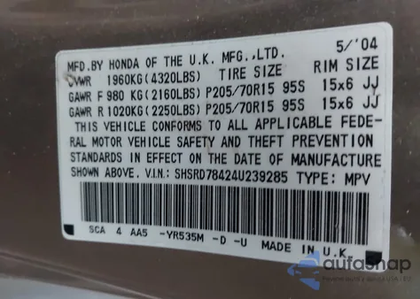 2004 Honda Cr-V Lx z USA, uszkodzony, nr VIN SHSRD78424U239285
